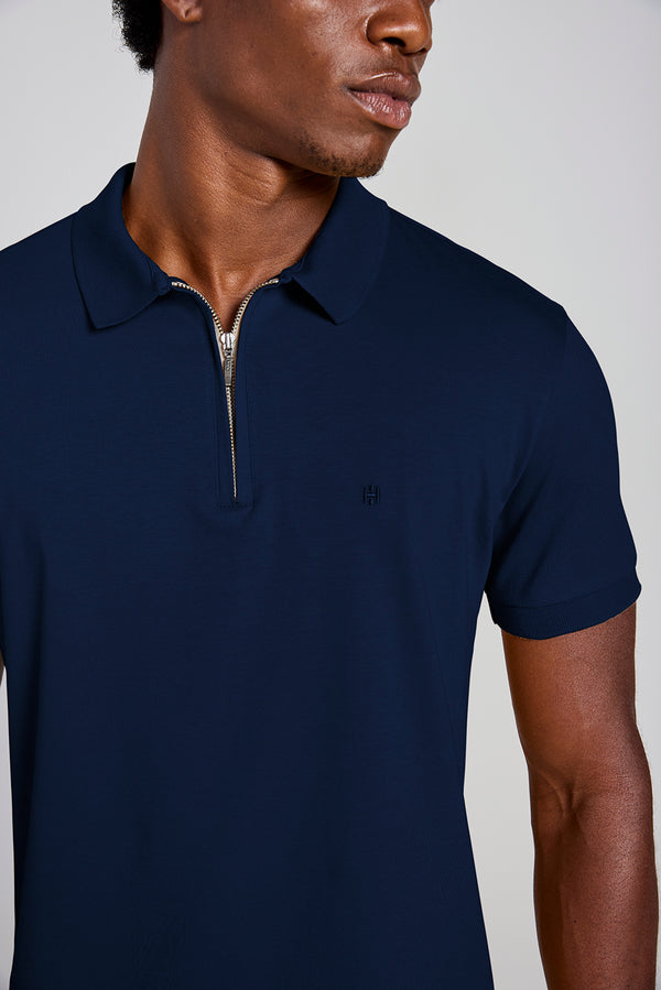 Camisa Polo com Zíper Básica Malha Premium Slim Fit - Azul Marinho