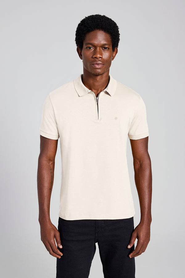 Camisa Polo com Zíper Malha Slim - Bege