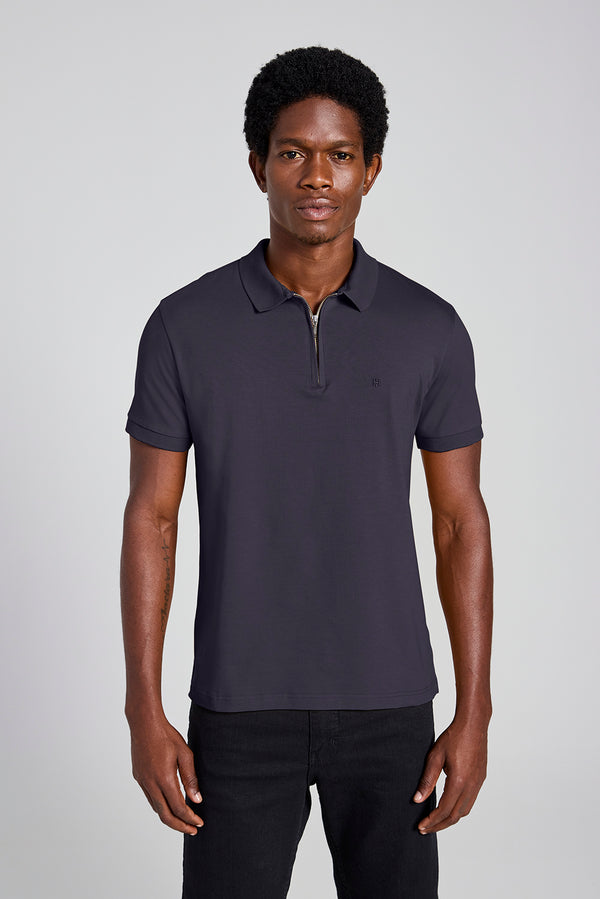 Camisa Polo com Zíper Malha Slim - Cinza