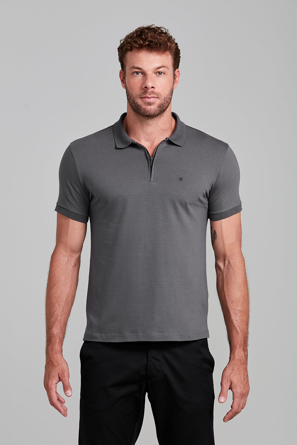 Camisa Polo com Zíper Básica Malha Premium Slim Fit