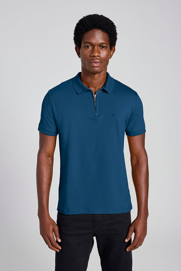 Camisa Polo com Zíper Básica Malha Premium Slim Fit - Azul Noturno